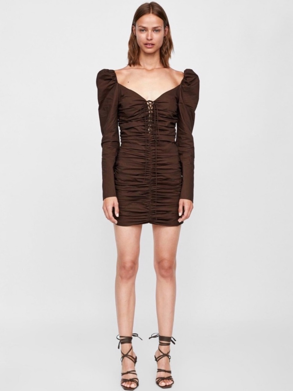 Zara Studio Brown Ruched Dress Medium